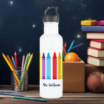 Cute Crayon Elementary Teacher Custom 710 Ml Water Bottle<br><div class="desc">Cute elementary teacher water bottle. A beautiful Teacher Appreciation Week or End of Year gift for a kindergarten class to give to their elementary school teacher. Custom made with your own message. Personalise with your name or text under the cute rainbow of crayons. An adorable drink bottle for a preschool...</div>