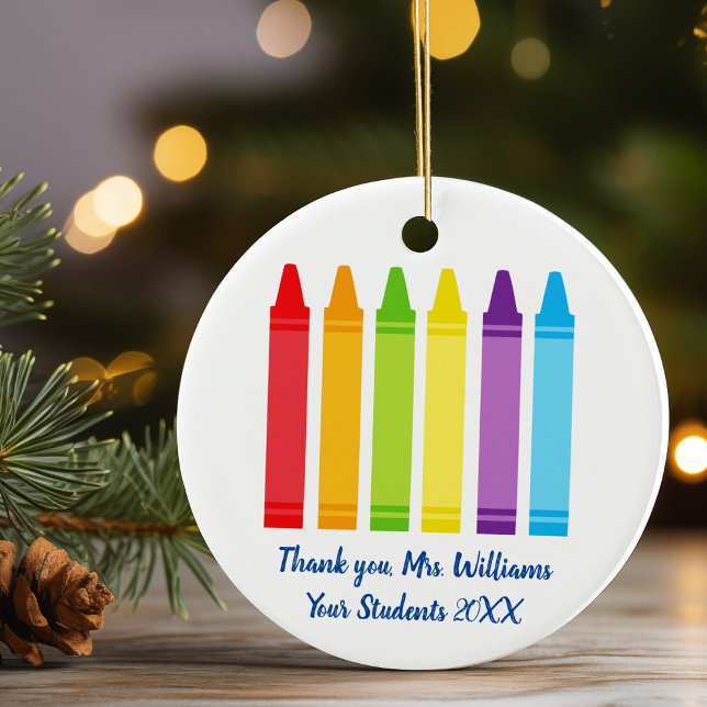 Cute Crayon Elementary Teacher Custom Thank You Ceramic Ornament (Creator Uploaded)