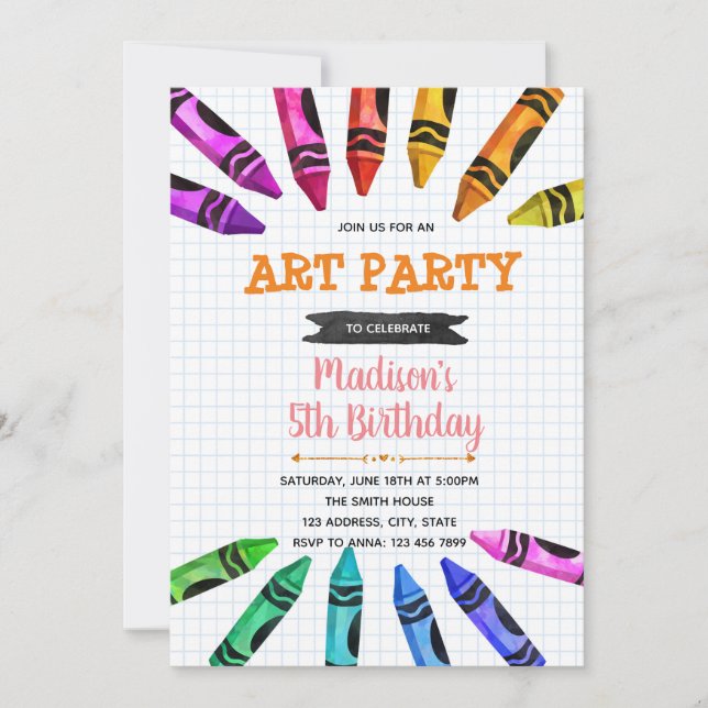 Cute crayon party theme invitation (Front)