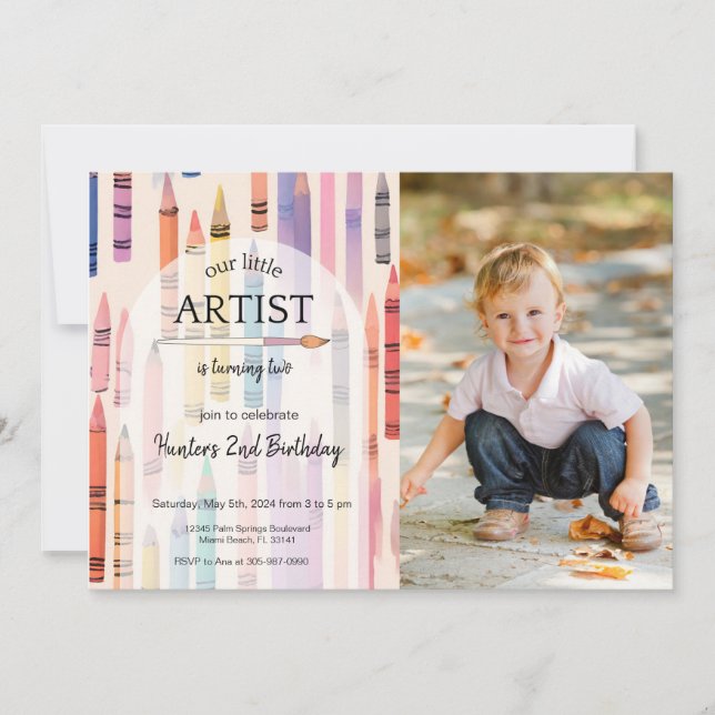 Cute Crayon Pastel Little Artist Photo Birthday Invitation (Front)