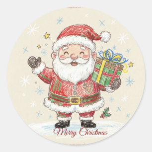 Cute Crayon Santa Claus Kids Drawing Christmas Classic Round Sticker