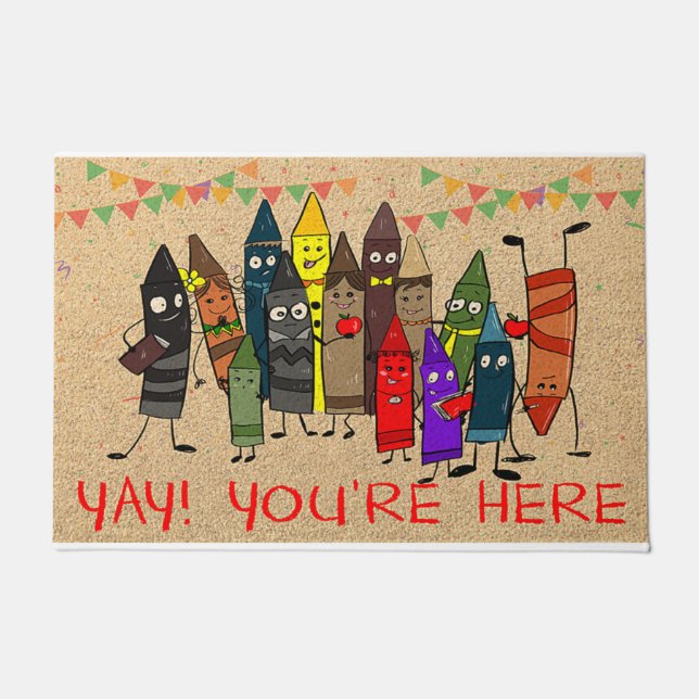 Cute Crayons In Class Mat, You're Here Doormat (Front)