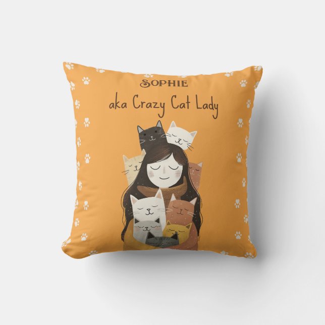 Cute Crazy Cat Lady Illustration with Name Yellow Cushion (Front)