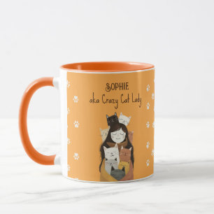 Cute Crazy Cat Lady Illustration with Name Yellow Mug