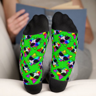 CUTE Crazy Colourful Cool Rainbow Cats on Green Socks