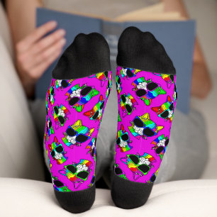 CUTE Crazy Colourful Cool Rainbow Cats on Hot Pink Socks