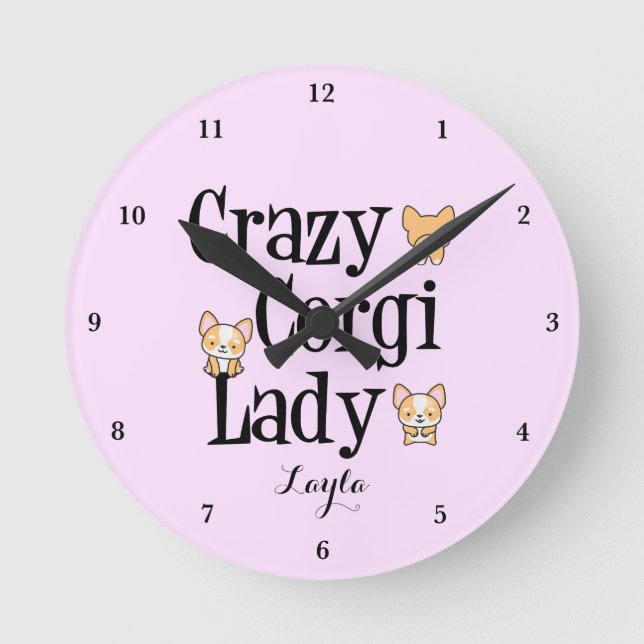 Cute Crazy Corgi Lady Personalised Pink Round Clock (Front)
