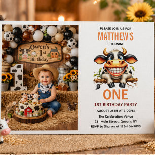 Cute Crazy Cow Farm Theme 1st Birthday Invitation