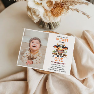 Cute Crazy Cow Farm Theme 1st Birthday Invitation