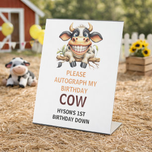 Cute Crazy Cow Farm Theme 1st Birthday Pedestal Sign