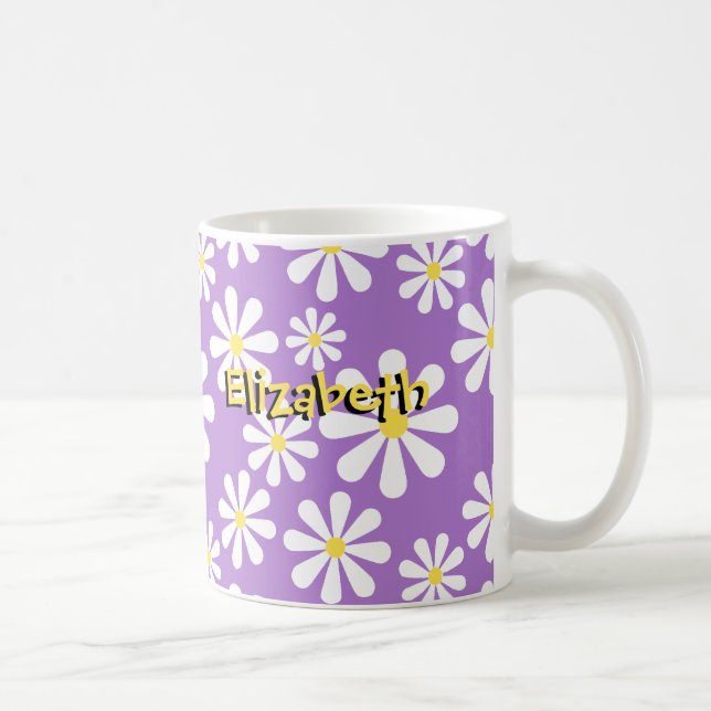 Cute Crazy Daisy Personalised Purple Yellow Coffee Mug (Right)