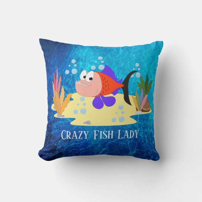 cute crazy fish lady add text cushion (Front)