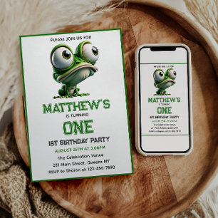 Cute Crazy Frog Farm Theme 1st Birthday Invitation