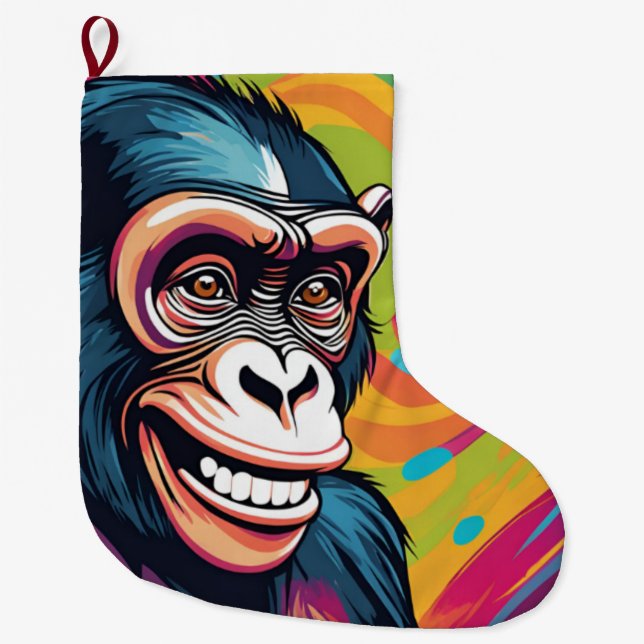 Cute Crazy Funny Chimpanzee  Large Christmas Stocking (Front)