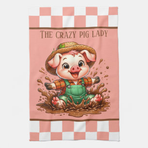 Cute crazy pig lad add text  tea towel