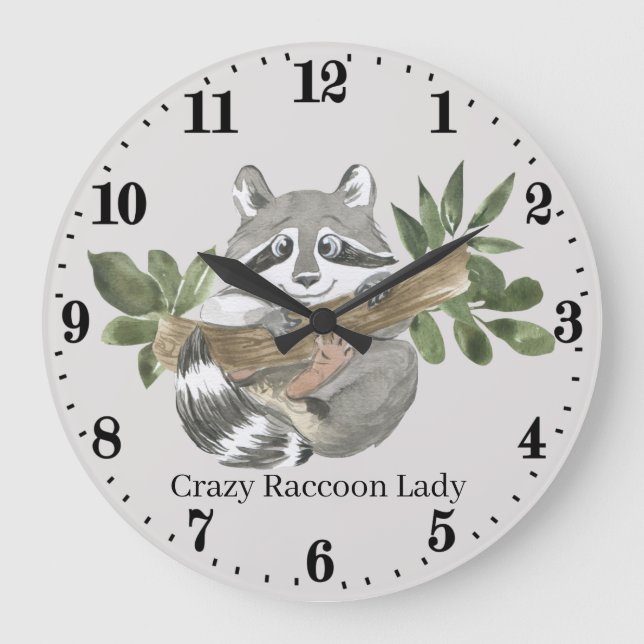 cute crazy racoon lady add text large clock (Front)