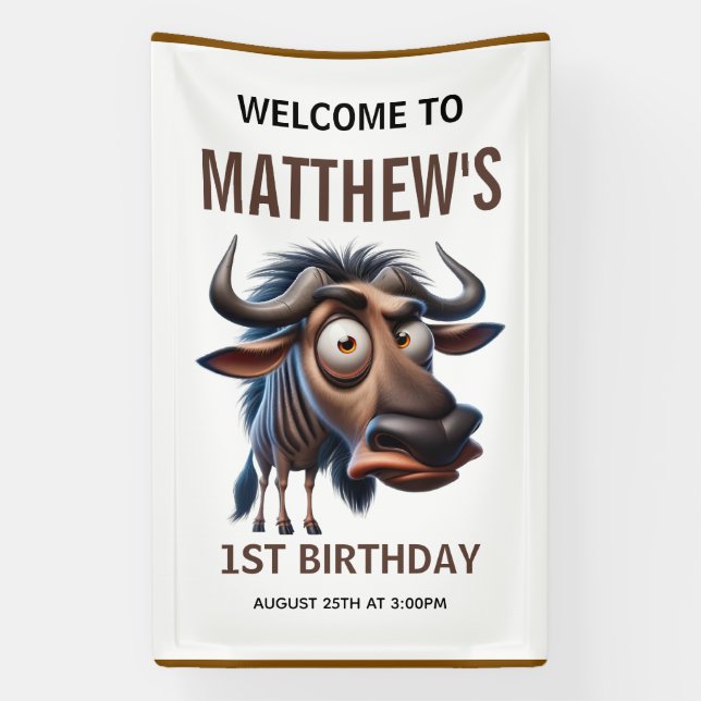 Cute Crazy Wildebeest Farm Theme 1st Birthday Banner (Vertical)