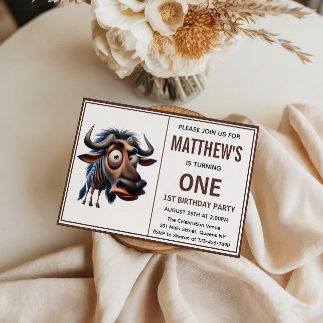 Cute Crazy wildebeest Farm Theme 1st Birthday Invitation (Cute Crazy wildebeest Farm Theme 1st Birthday Invitation)