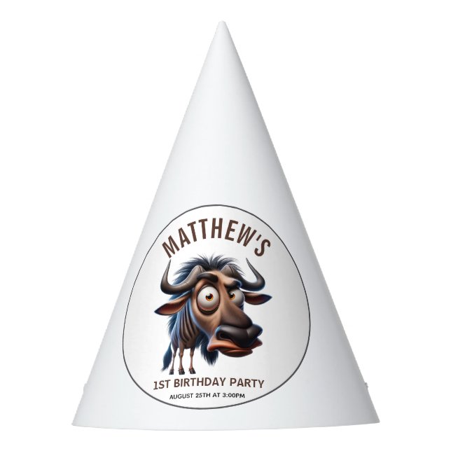 Cute Crazy Wildebeest  Farm Theme 1st Birthday Party Hat (Front)