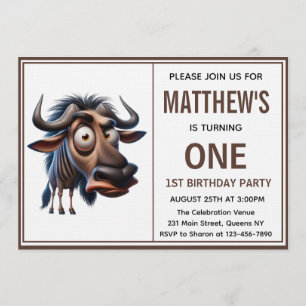 Cute Crazy wildebeest =Theme 1st Birthday photo Invitation