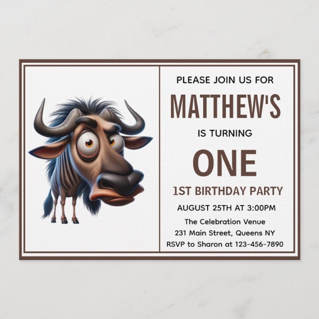 Cute Crazy wildebeest =Theme 1st Birthday photo Invitation (Front)