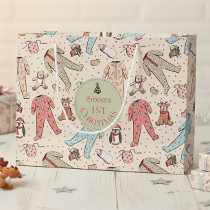 Cute Cream Baby's First Christmas Custom Large Gift Bag
