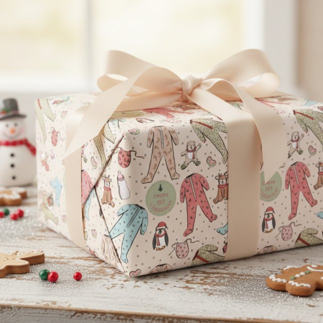 Cute Cream Baby's First Christmas Personalised Wrapping Paper (Cute 1st Christmas Kids Wrapping Paper. Baby Pj's & Winter Animals First Xmas Illustration Pattern)