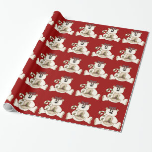 Cute Cream Bear with Candy Cane/Holly Wrapping Paper
