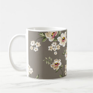 cute cream flowers with green leaves pattern on br coffee mug