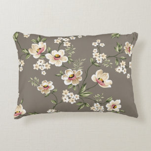 cute cream flowers with green leaves pattern on br decorative cushion