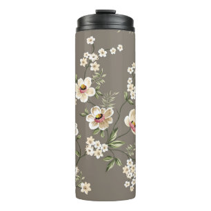 cute cream flowers with green leaves pattern on br thermal tumbler