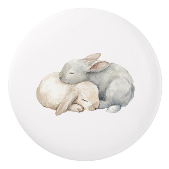 Cute Cream Grey Sleeping Bunnies Plaid Ceramic Knob (Front)