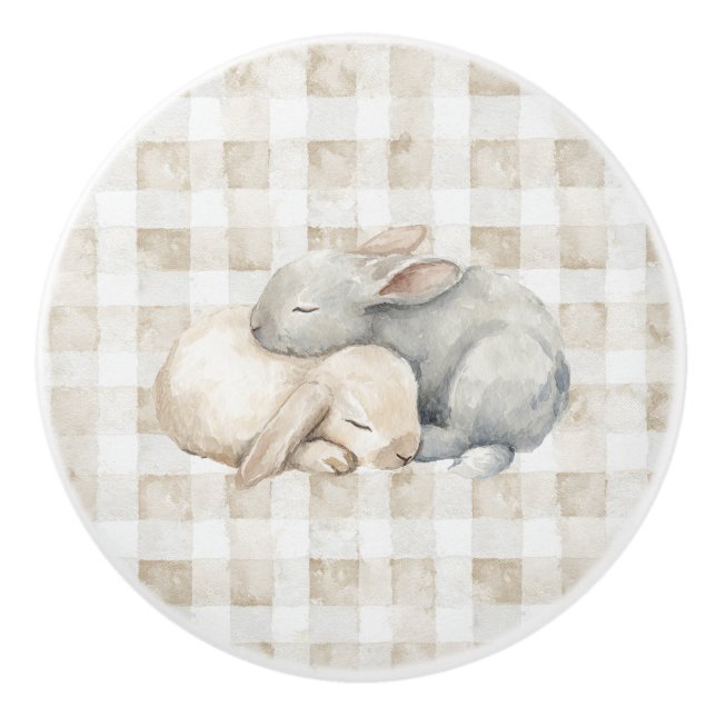 Cute Cream Grey Sleeping Bunnies Plaid Ceramic Knob (Front)