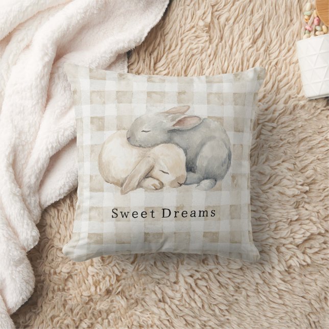Cute Cream Grey Sleeping Bunnies Plaid Cushion (Blanket)
