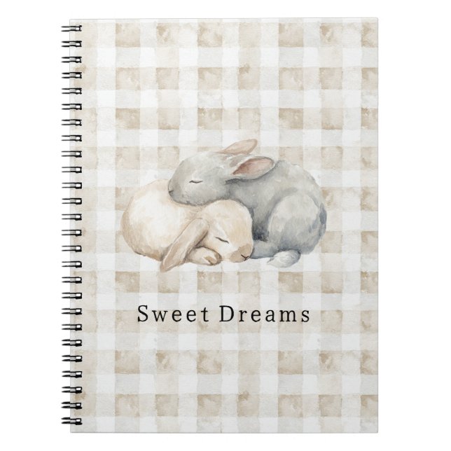 Cute Cream Grey Sleeping Bunnies Plaid Notebook (Front)