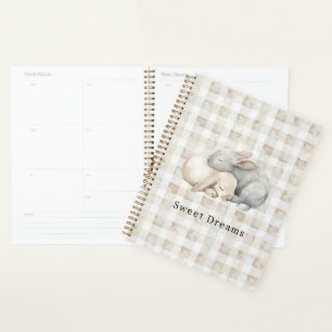 Cute Cream Grey Sleeping Bunnies Plaid Planner