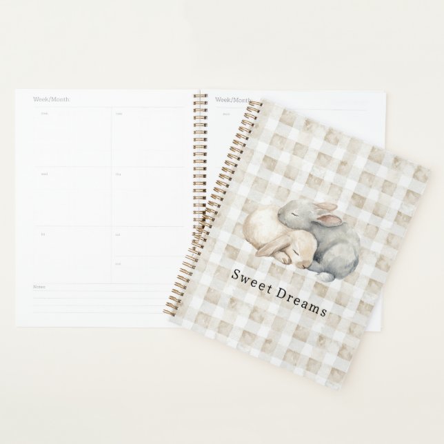 Cute Cream Grey Sleeping Bunnies Plaid Planner (Display)
