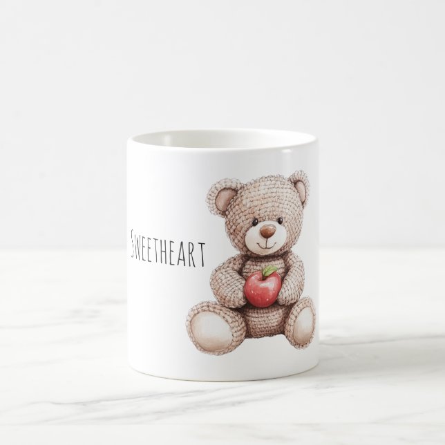 Cute Cream Knitted Teddy Bear Apple Coffee Mug (Center)