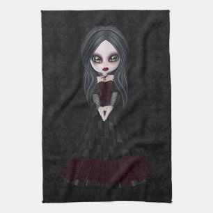 Cute & Creepy Goth Girl Black Kitchen Towel