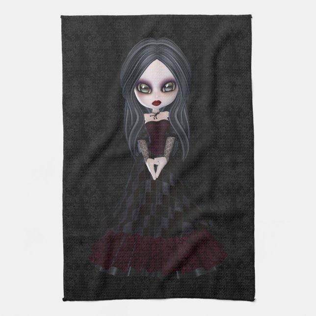 Cute & Creepy Goth Girl Black Kitchen Towel (Vertical)