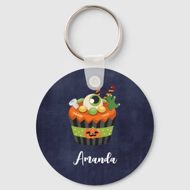 Cute & Creepy Halloween Cupcake with a Big Eyeball Key Ring (Front)