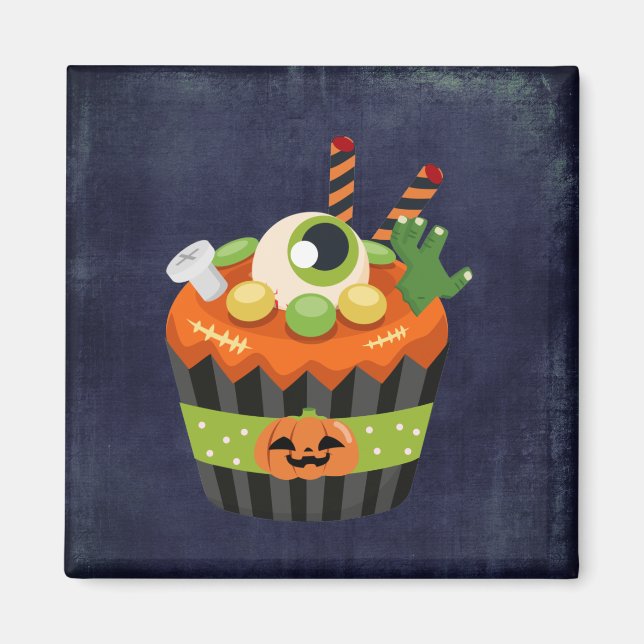 Cute & Creepy Halloween Cupcake with a Big Eyeball Magnet (Front)