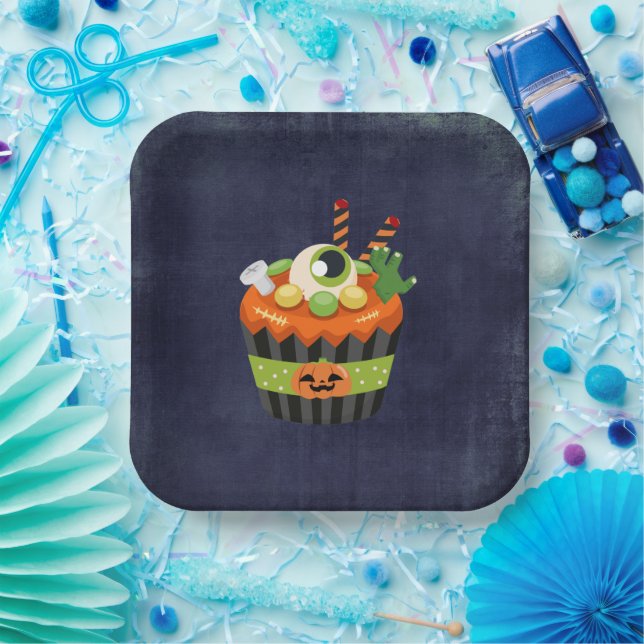 Cute & Creepy Halloween Cupcake with a Big Eyeball Paper Plate (Party)