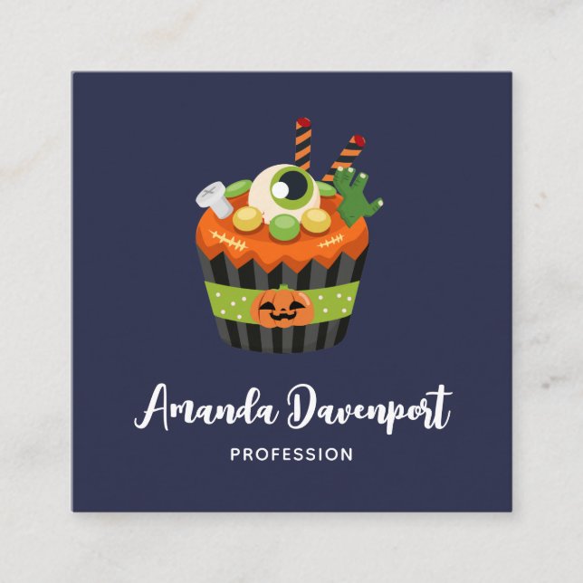 Cute & Creepy Halloween Cupcake with a Big Eyeball Square Business Card (Front)
