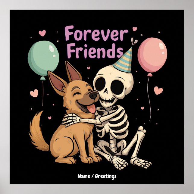 Cute Creepy Skeleton Hugging German Shepherd Dog F Poster (Front)