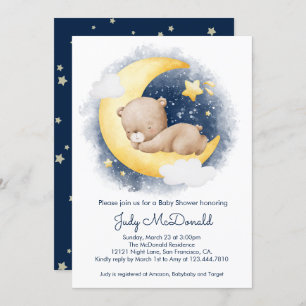 Cute Crescent Moon Teddy Bear Baby Shower  Invitation