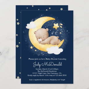 Cute Crescent Navy Moon Teddy Bear Baby Shower  Invitation