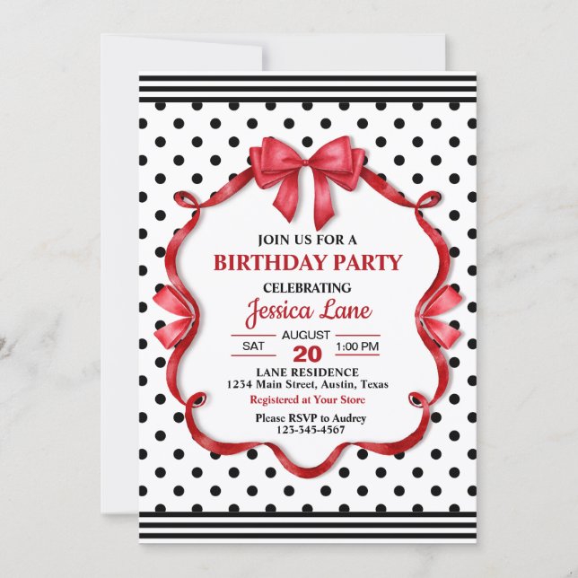 Cute Crimson Bow Birthday Invitation (Front)