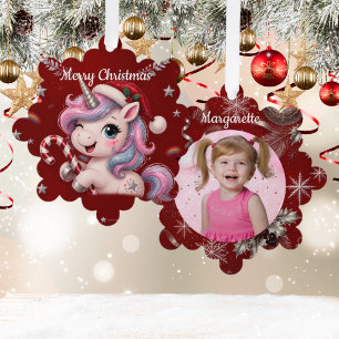 Cute Crimson Christmas Unicorn Girl Photo Tree Decoration Card