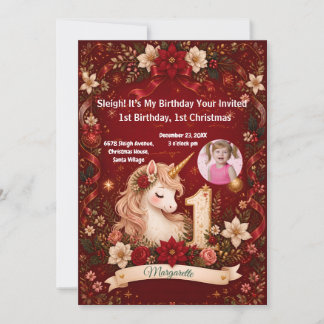 Cute Crimson Unicorn 1st Birthday 1st Christmas Invitation